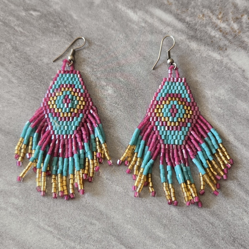 Handmade Boho-Style Tribal Pink Turquoise Multi Glass Seed Bead Dangle Earrings